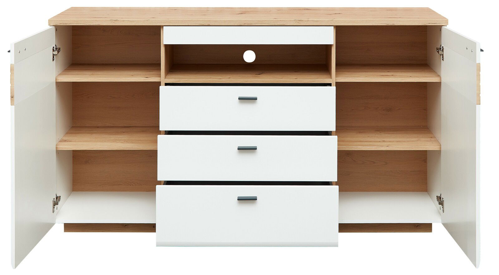 Frontale Ansicht eines Sideboards mit offenen Türen und Schubladen, in Holzoptik und Weiß.