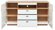 Frontale Ansicht eines Sideboards mit offenen Türen und Schubladen, in Holzoptik und Weiß.