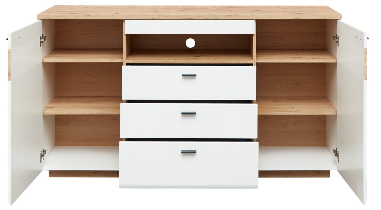 Frontale Ansicht eines Sideboards mit offenen Türen und Schubladen, in Holzoptik und Weiß.