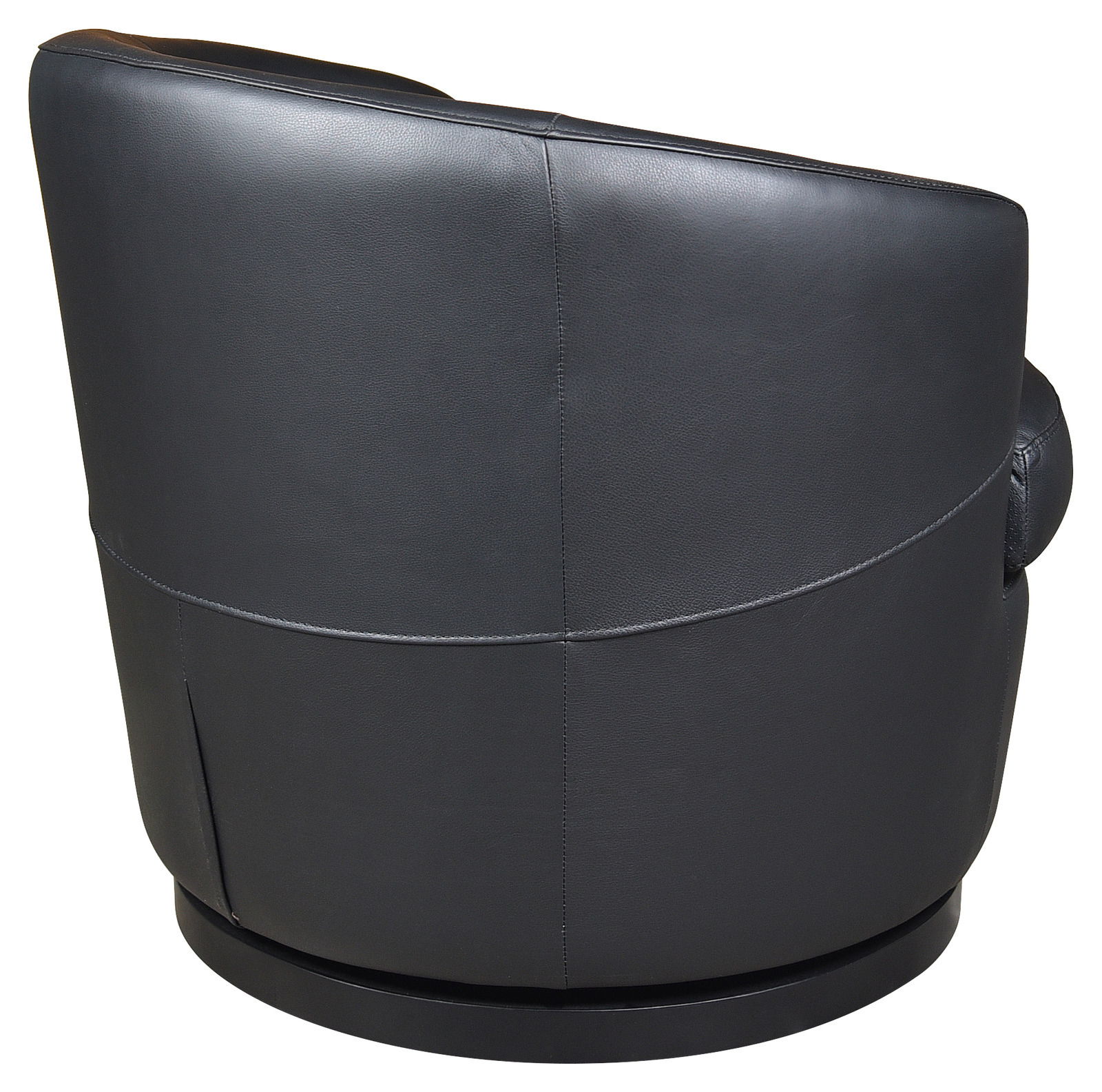 Rückansicht eines schwarzen, modernen Sessels mit glattem Lederbezug.