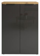 Moderner Schuhschrank mit dunklen Türen und heller Holzplatte, Frontalansicht