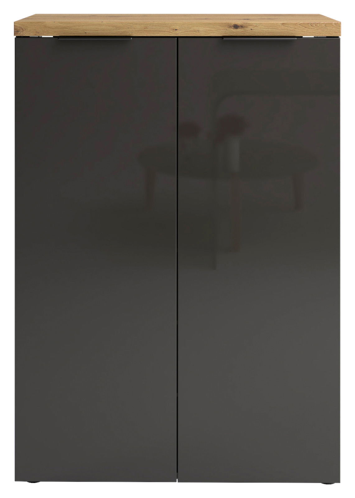 Moderner Schuhschrank mit dunklen Türen und heller Holzplatte, Frontalansicht