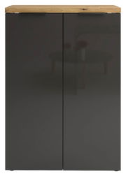 Moderner Schuhschrank mit dunklen Türen und heller Holzplatte, Frontalansicht