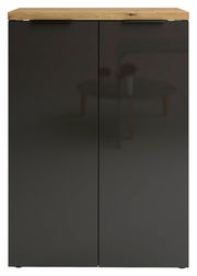 Moderner Schuhschrank mit dunklen Türen und heller Holzplatte, Frontalansicht