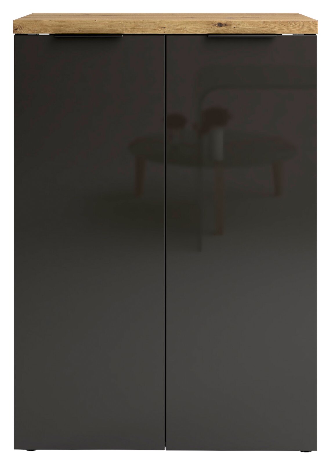 Moderner Schuhschrank mit dunklen Türen und heller Holzplatte, Frontalansicht