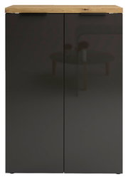 Moderner Schuhschrank mit dunklen Türen und heller Holzplatte, Frontalansicht