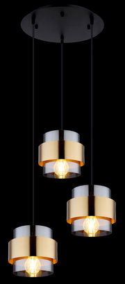 Moderne Hängeleuchte mit drei zylindrischen Lampenschirmen in Gold und Schwarz, von unten betrachtet.