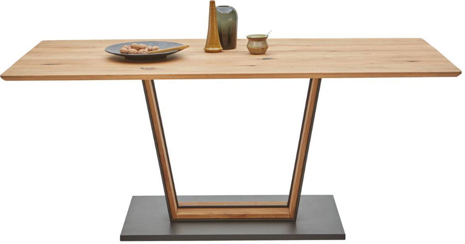 Moderner Esstisch aus Holz mit V-förmigem Metallgestell, seitliche Perspektive