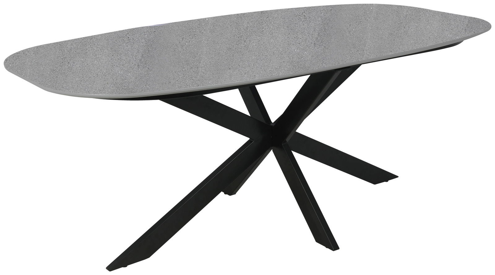 Moderner Esstisch mit grauer Tischplatte und schwarzem, kreuzförmigem Gestell, seitliche Perspektive