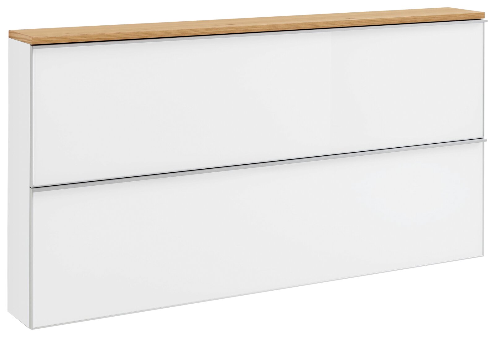 VOSS XL-Hängeschuhschrank flach VORTINA Weiße, moderne Kommode mit zwei breiten Schubladen und Holzplatte, freigestellt auf weißem Hintergrund, in schräger Frontansicht von links oben