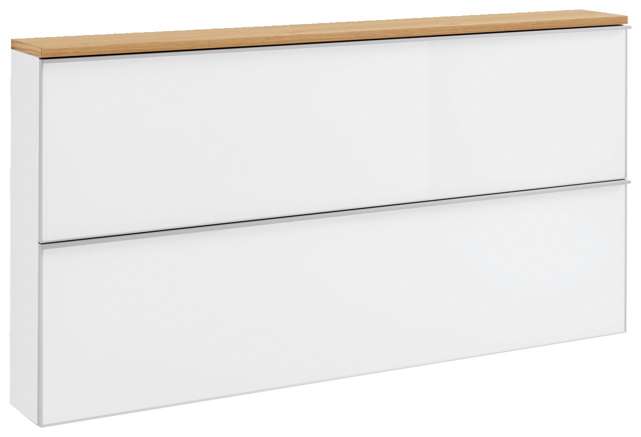 VOSS XL-Hängeschuhschrank flach VORTINA Weiße, moderne Kommode mit zwei breiten Schubladen und Holzplatte, freigestellt auf weißem Hintergrund, in schräger Frontansicht von links oben