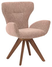 Moderner Armlehnstuhl mit rosa Stoffbezug und Holzbeinen, seitliche Perspektive