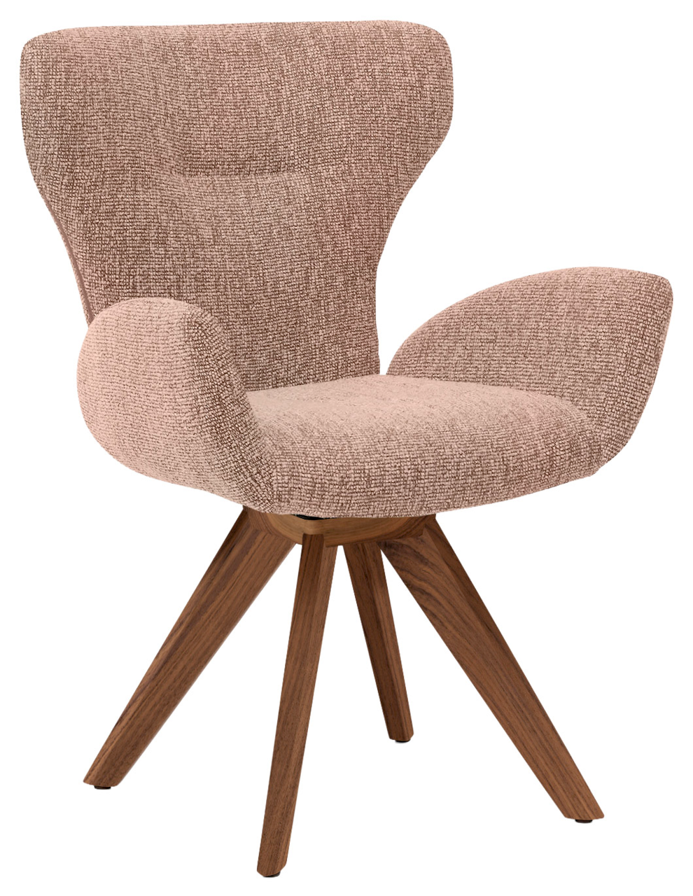 Moderner Armlehnstuhl mit rosa Stoffbezug und Holzbeinen, seitliche Perspektive