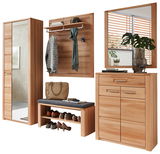 Garderobenkombination aus Holz mit Spiegel, Kleiderhaken, Sitzbank und Schuhregal, seitliche Perspektive