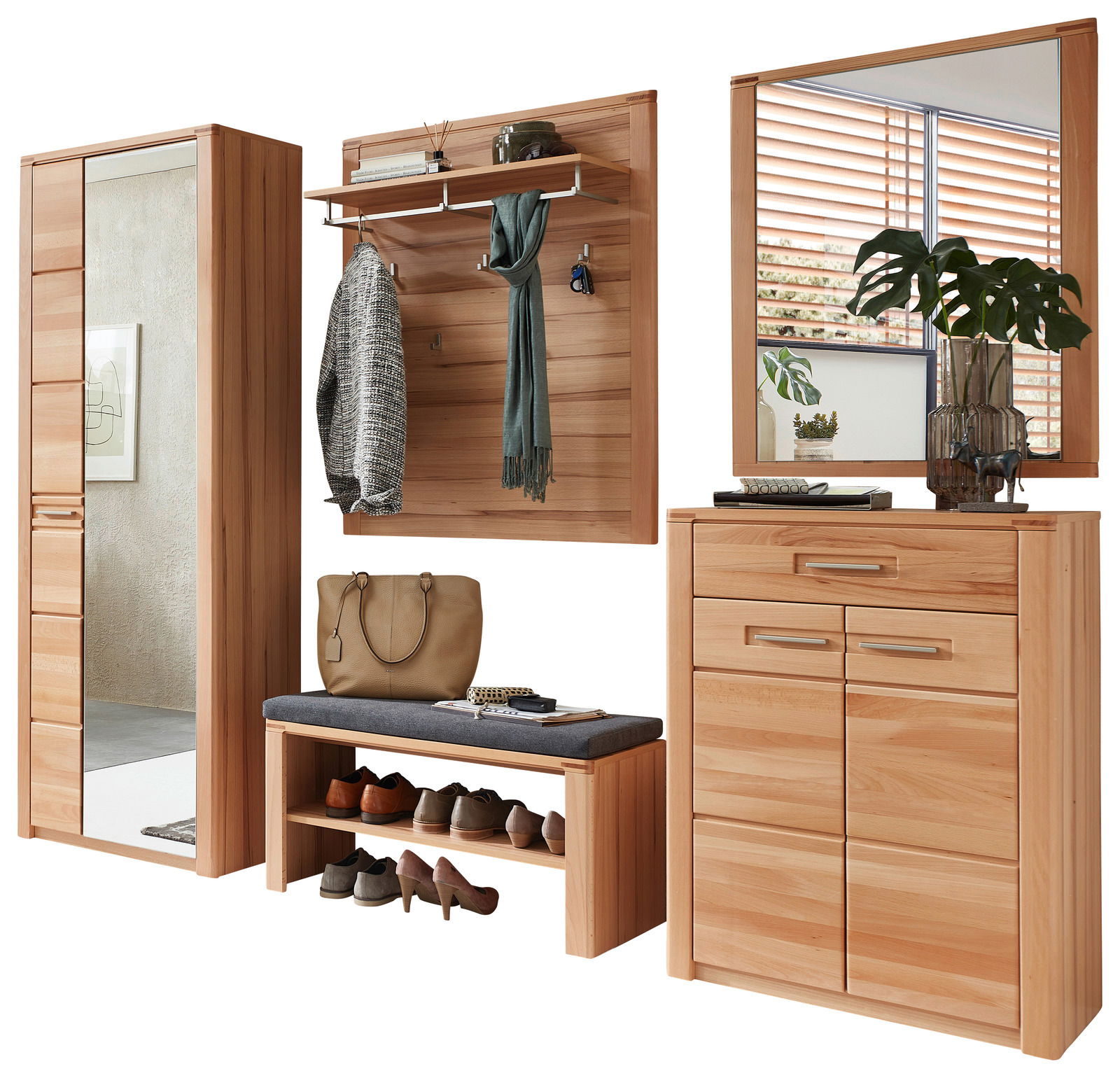 Linea Natura Garderobenkombination NATURE ONE Garderobenkombination aus Holz mit Spiegel, Kleiderhaken, Sitzbank und Schuhregal, seitliche Perspektive