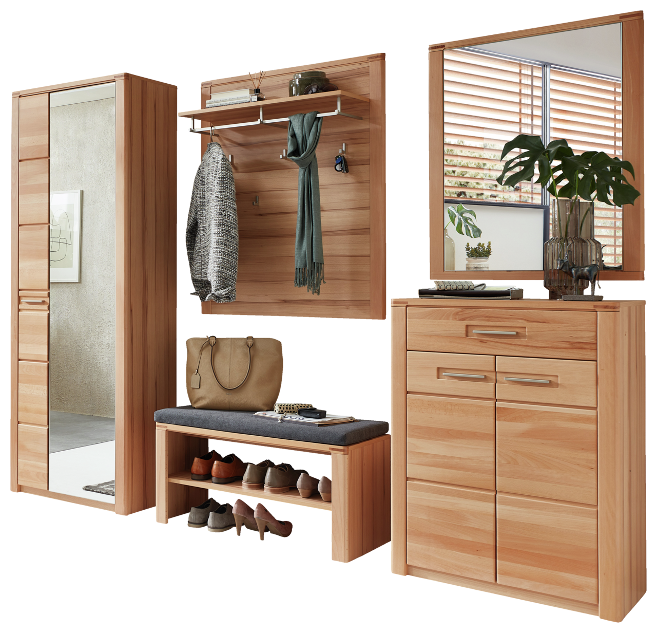 Linea Natura Garderobenkombination NATURE ONE Garderobenkombination aus Holz mit Spiegel, Kleiderhaken, Sitzbank und Schuhregal, seitliche Perspektive