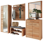 Garderobenkombination aus Holz mit Spiegel, Kleiderhaken, Sitzbank und Schuhregal, seitliche Perspektive