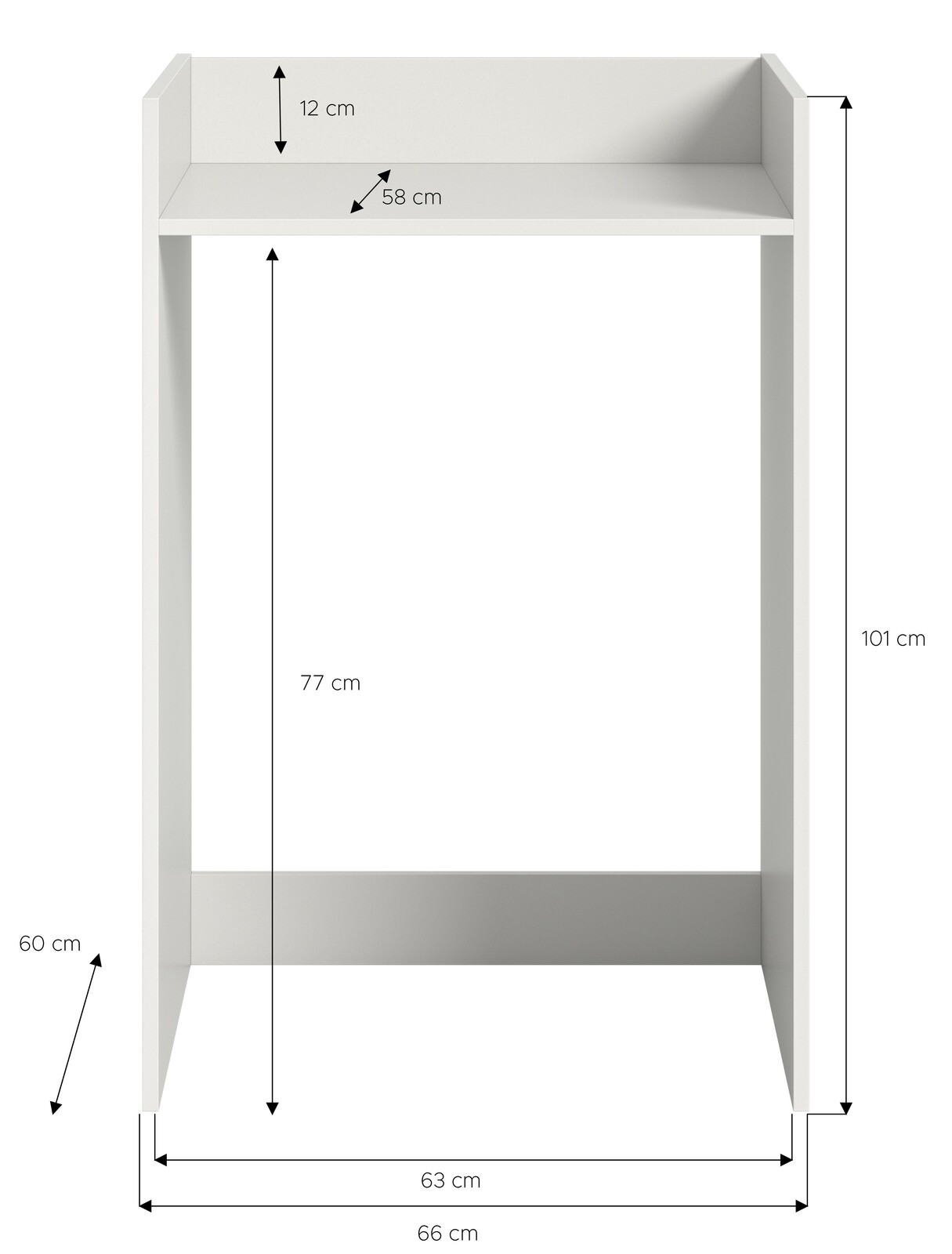 Weißes Regal zur Montage über einer Waschmaschine, Frontansicht mit Maßen: 101 cm hoch, 66 cm breit, 60 cm tief.