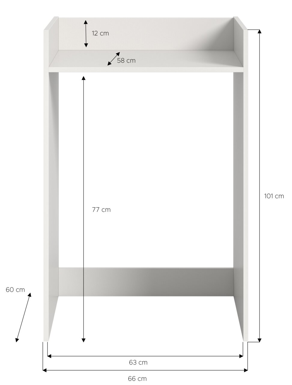 Weißes Regal zur Montage über einer Waschmaschine, Frontansicht mit Maßen: 101 cm hoch, 66 cm breit, 60 cm tief.