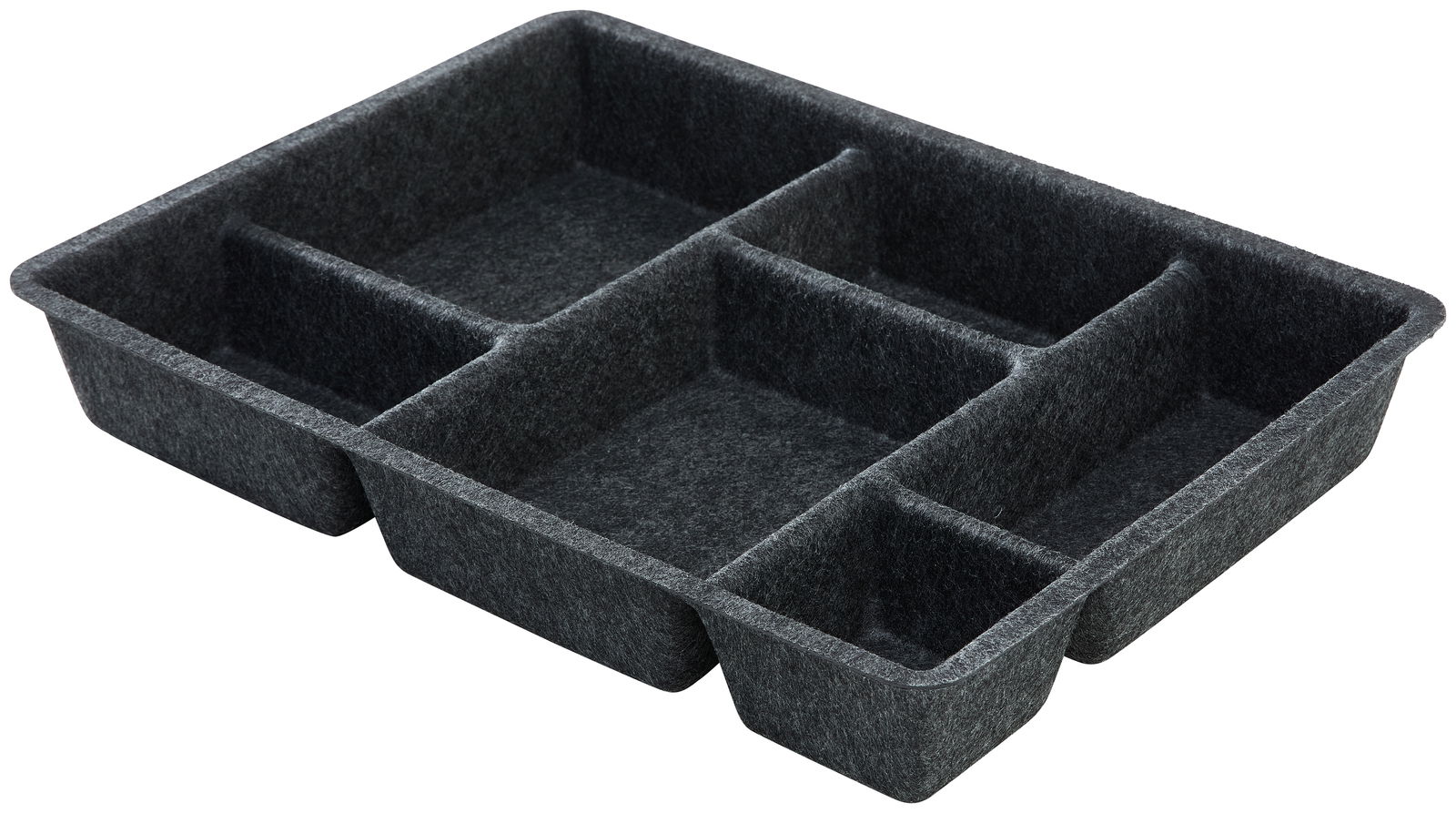 Schwarzer Filzeinsatz mit mehreren Fächern, perspektivisch von oben fotografiert.