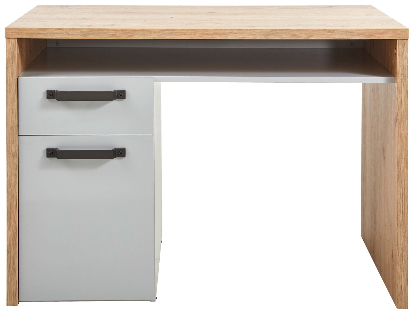 Moderner Schreibtisch mit Holzoptik, zwei Schubladen auf der linken Seite und einer offenen Ablagefläche, Frontalansicht.