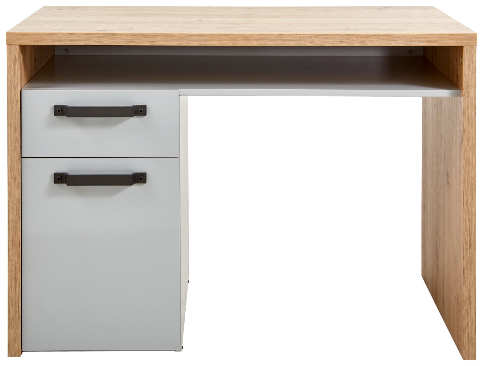 Moderner Schreibtisch mit Holzoptik, zwei Schubladen auf der linken Seite und einer offenen Ablagefläche, Frontalansicht.