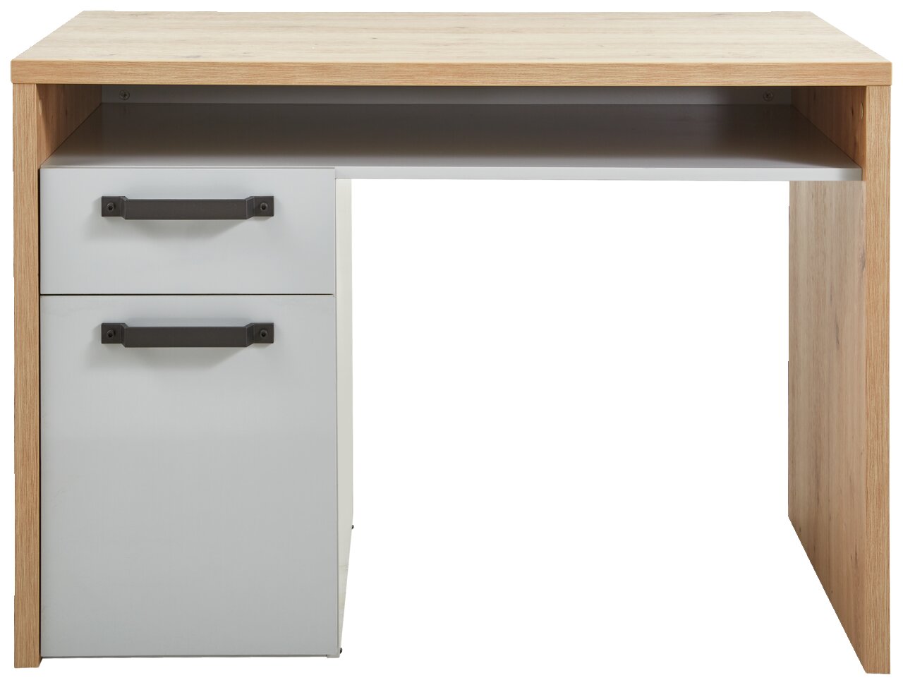 Moderner Schreibtisch mit Holzoptik, zwei Schubladen auf der linken Seite und einer offenen Ablagefläche, Frontalansicht.