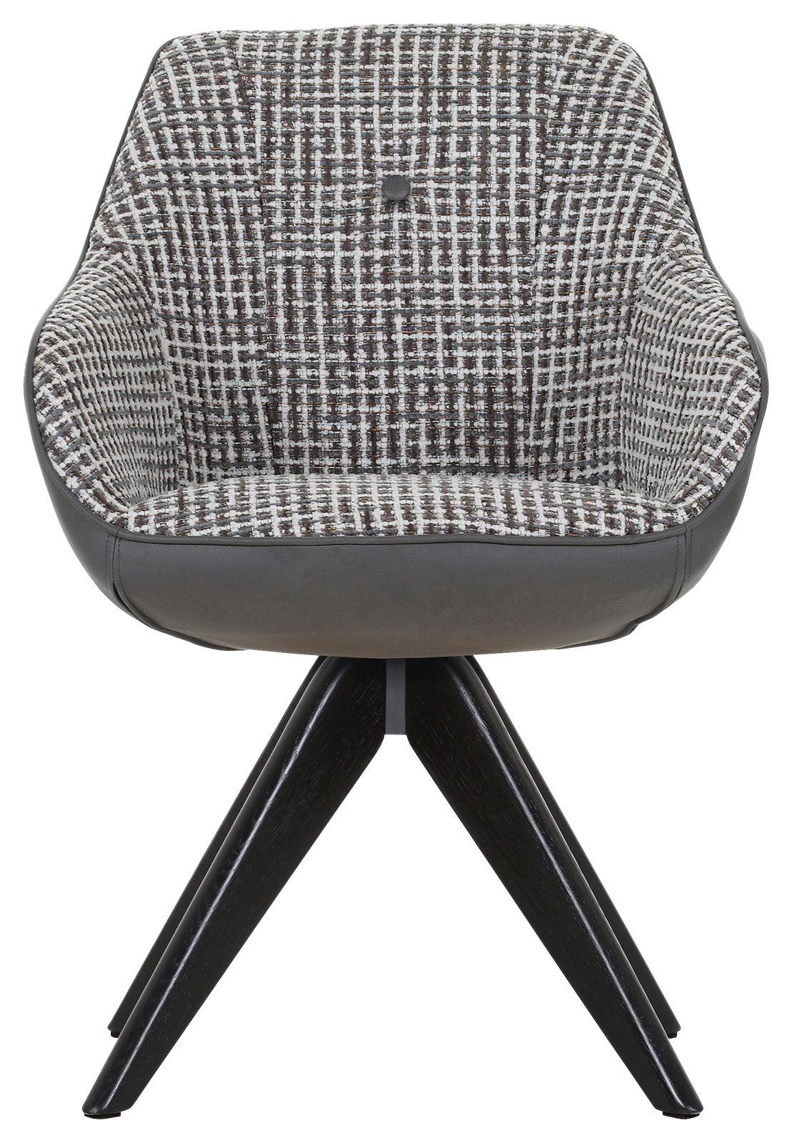 Vorderansicht eines modernen Armlehnstuhls mit gemustertem Stoffbezug und dunklen Holzbeinen.