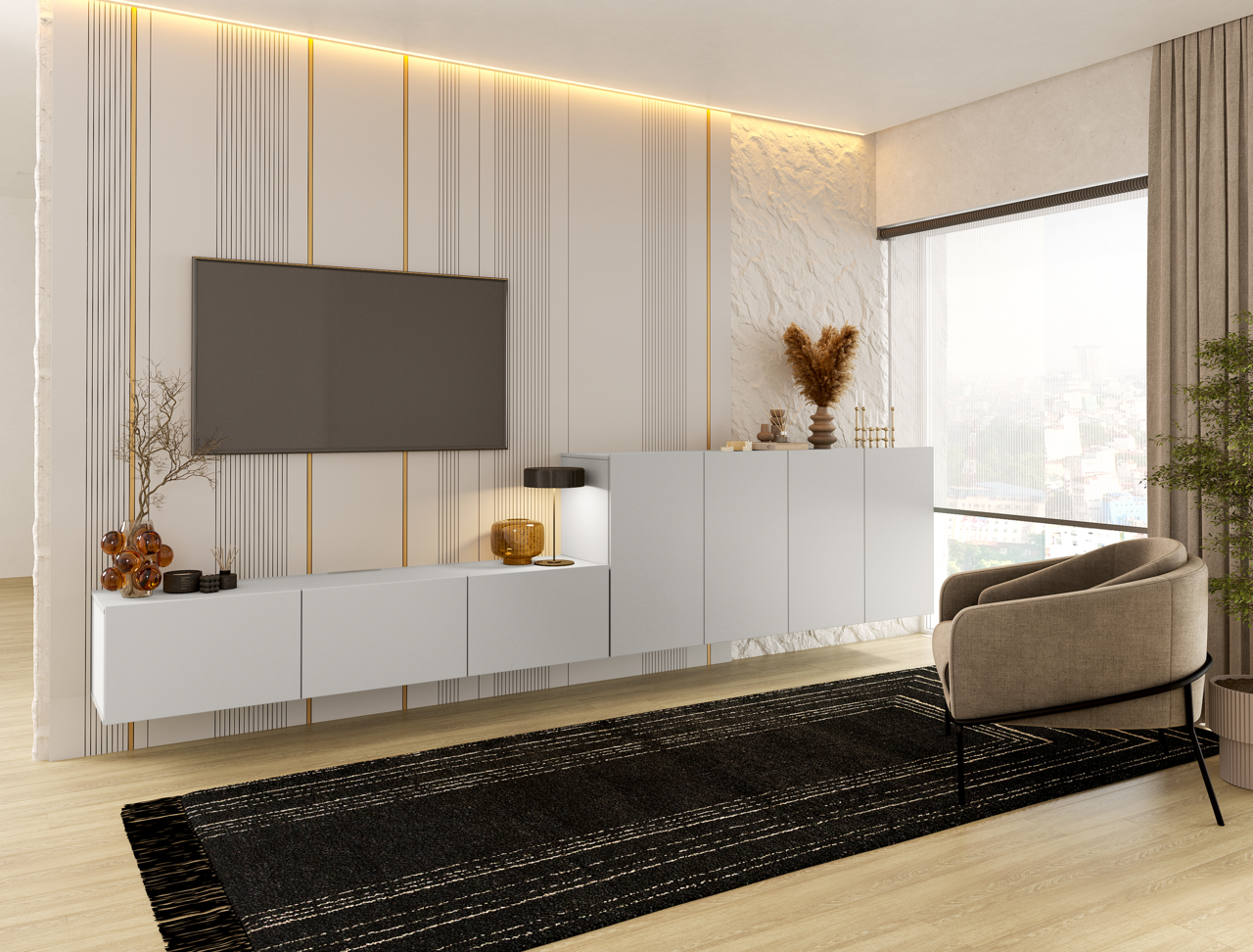 Modernes TV-Hängelowboard in einem stilvollen Wohnzimmer, seitliche Perspektive.