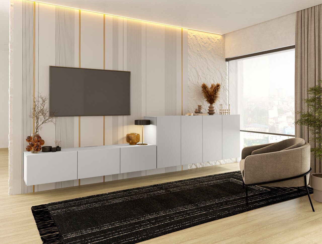 Modern hangend tv-meubel in een stijlvolle woonkamer, gezien vanaf de zijkant.