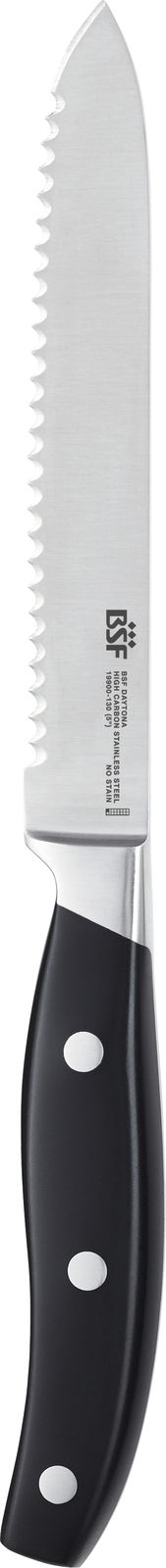 Universalmesser mit gezackter Klinge und ergonomischem Griff, seitliche Ansicht