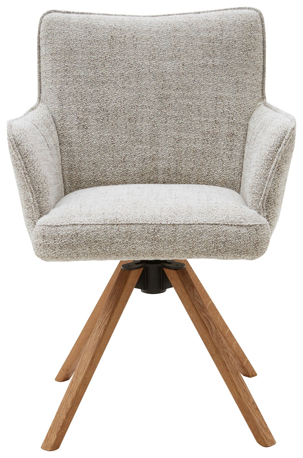 Frontansicht eines modernen Armlehnstuhls mit grauem Stoffbezug und Holzbeinen.