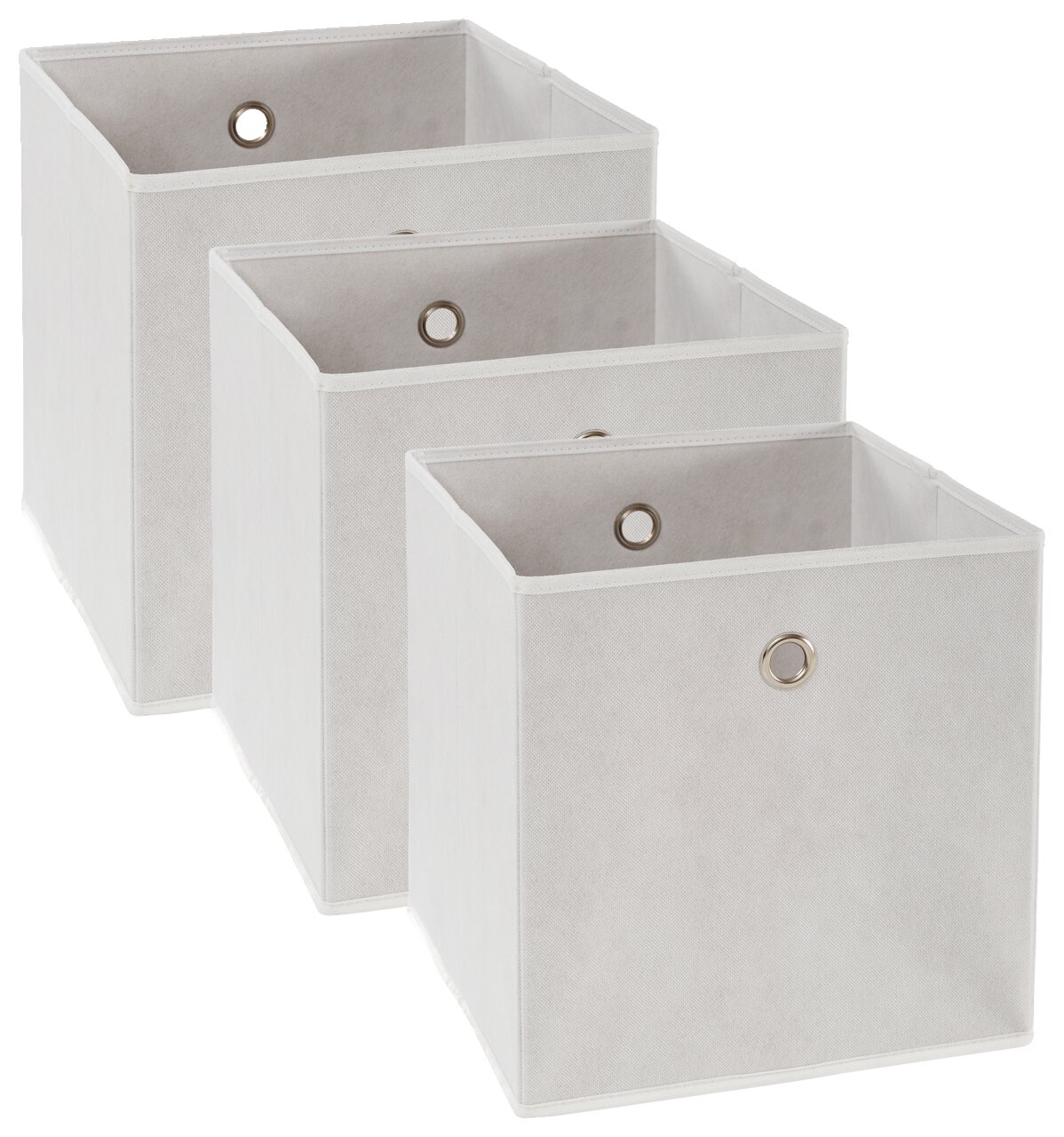 Drei weiße Stoffboxen in verschiedenen Größen, frontal und leicht seitlich angeordnet, mit Metallösen an der Vorderseite.