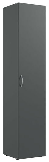 Grauer, schmaler Kleiderschrank mit einer Tür und silbernem Griff, seitliche Perspektive