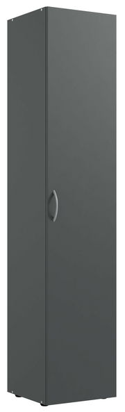 Grauer, schmaler Kleiderschrank mit einer Tür und silbernem Griff, seitliche Perspektive