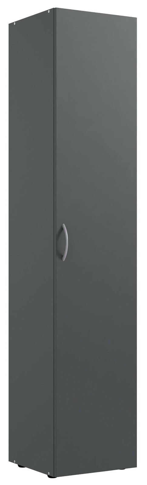 Grauer, schmaler Kleiderschrank mit einer Tür und silbernem Griff, seitliche Perspektive