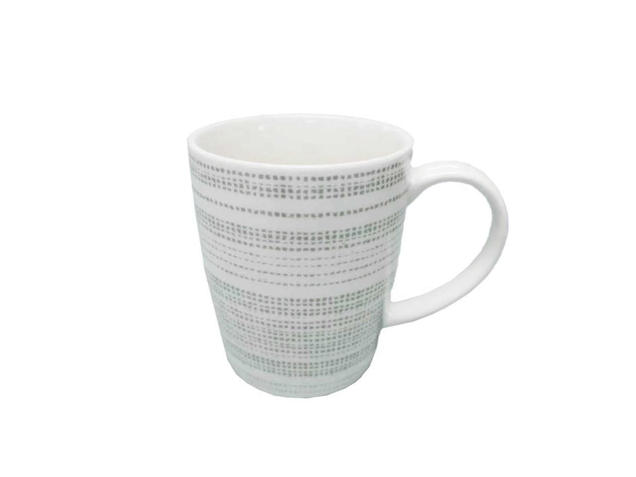 Weiße Tasse mit grauem Streifenmuster, seitliche Perspektive