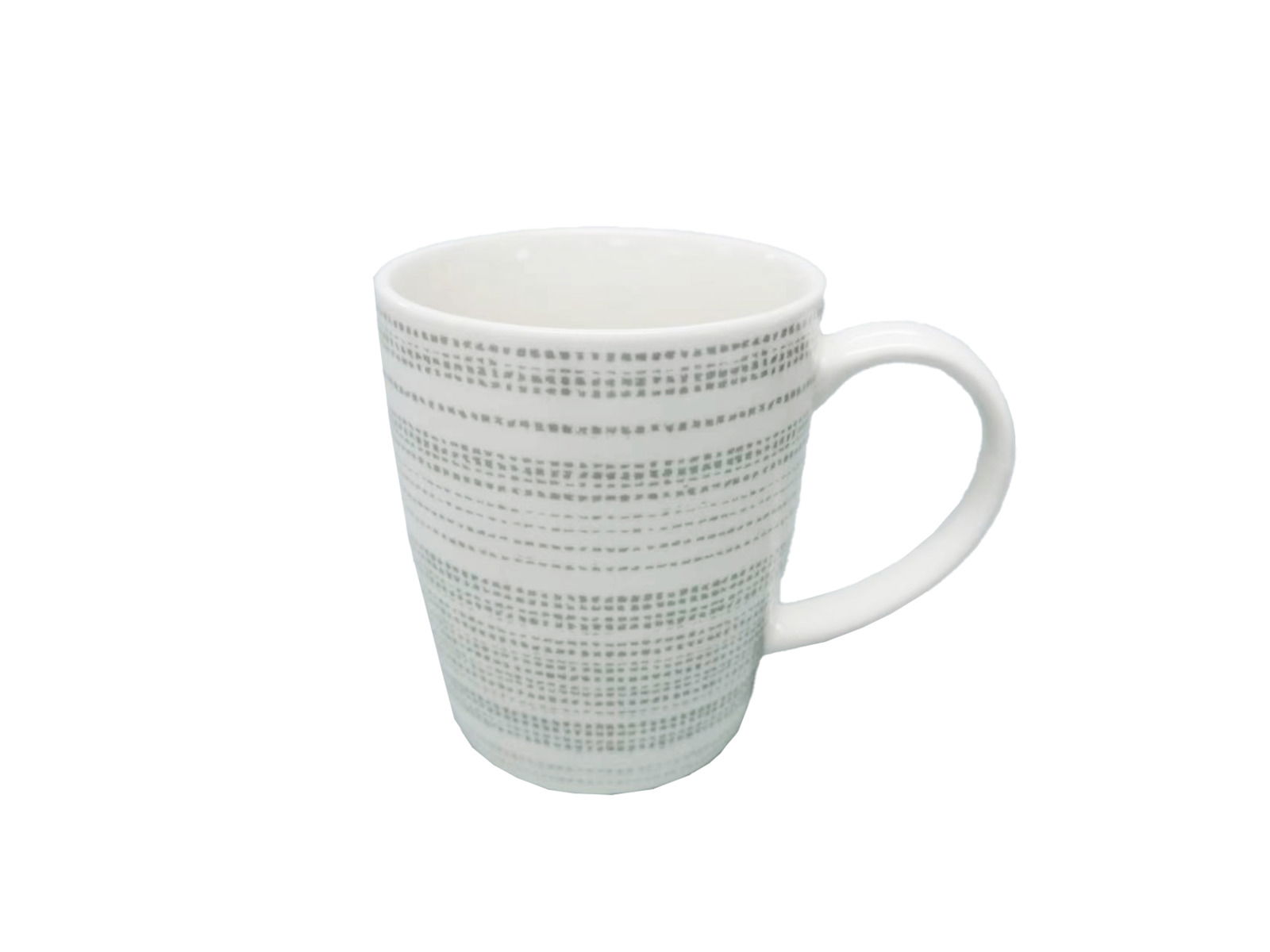 Weiße Tasse mit grauem Streifenmuster, seitliche Perspektive