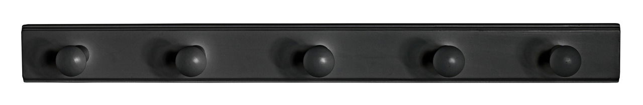 Schwarze Garderobenleiste mit fünf runden Haken, frontal abgebildet.