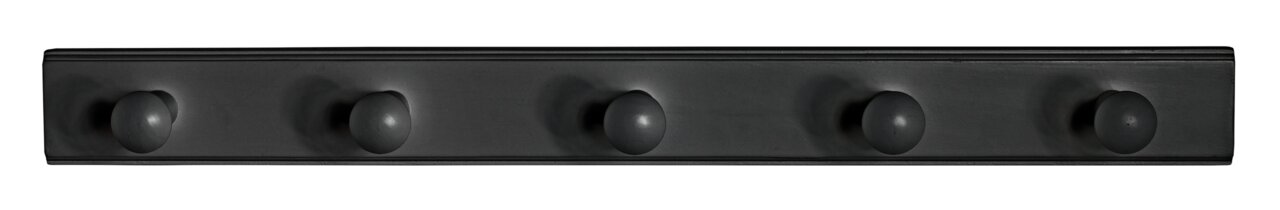 Schwarze Garderobenleiste mit fünf runden Haken, frontal abgebildet.