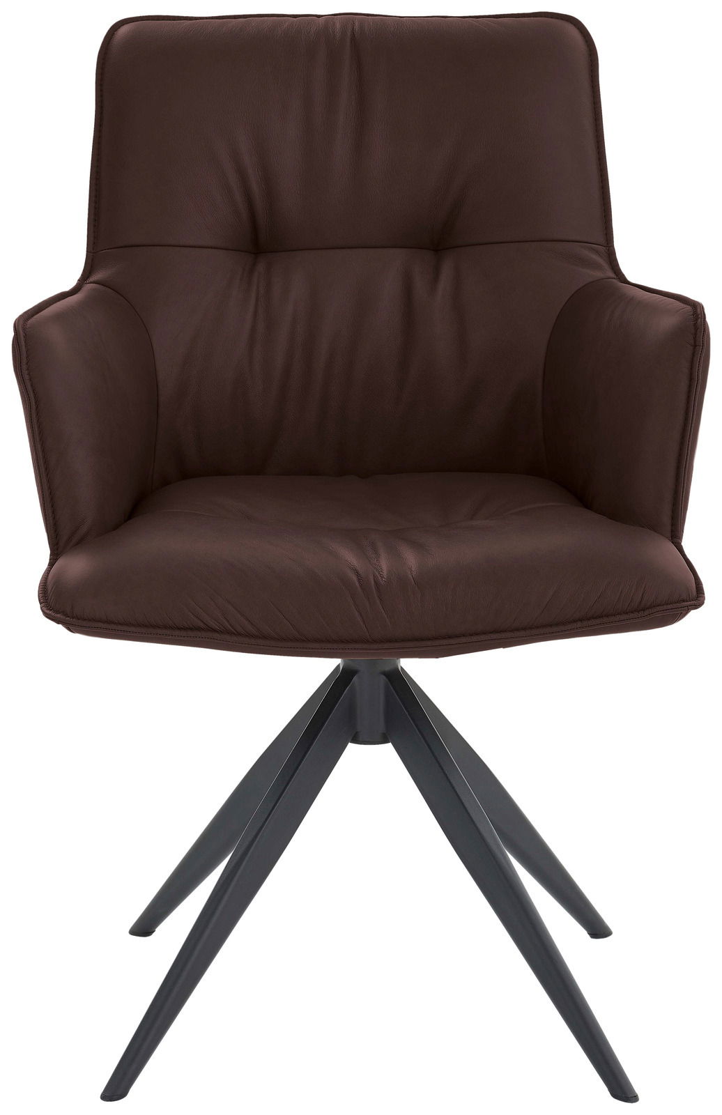 Brauner Design-Schalensessel mit gepolstertem Sitz und Rückenlehne, auf schwarzem Metallgestell. Frontalansicht.