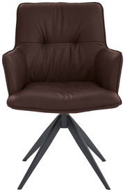 Brauner Design-Schalensessel mit gepolstertem Sitz und Rückenlehne, auf schwarzem Metallgestell. Frontalansicht.