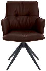 Brauner Design-Schalensessel mit gepolstertem Sitz und Rückenlehne, auf schwarzem Metallgestell. Frontalansicht.
