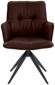 Bruine designfauteuil met gestoffeerde zitting en rugleuning, op een zwart metalen onderstel. Vooraanzicht.
