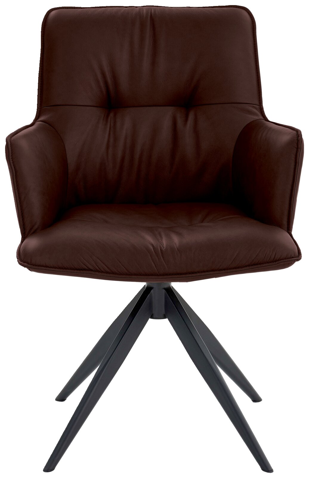 Bruine designfauteuil met gestoffeerde zitting en rugleuning, op een zwart metalen onderstel. Vooraanzicht.