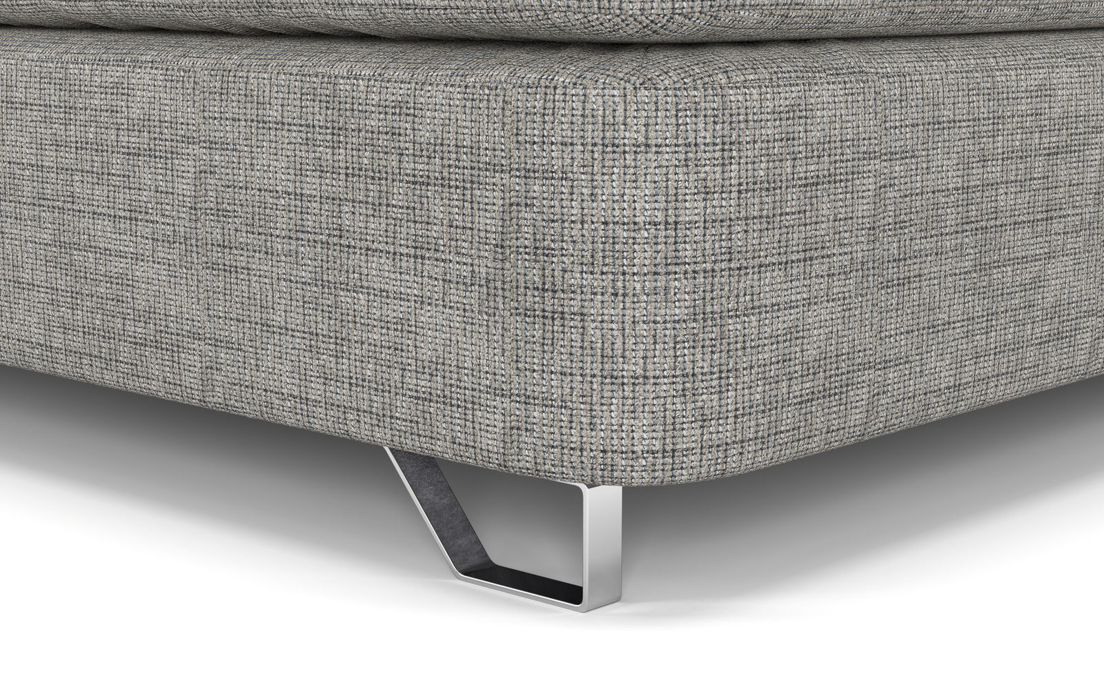 Nahaufnahme eines Boxspringbettes mit grauem Stoffbezug und modernen Metallfüßen, seitliche Perspektive