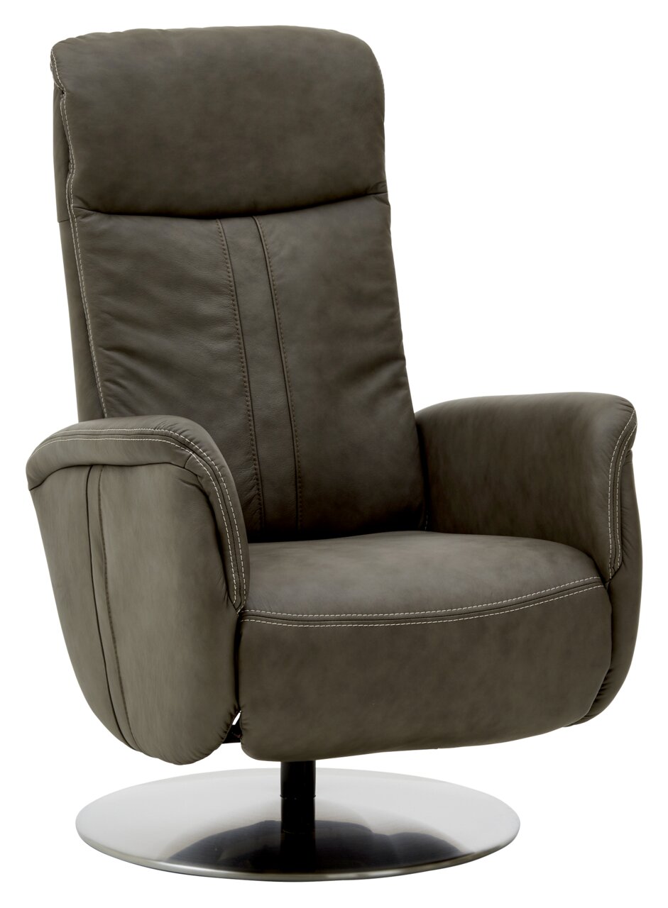 Moderne relaxfauteuil van donker leer met draaibare metalen voet, zijaanzicht