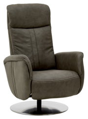 Moderne relaxfauteuil van donker leer met draaibare metalen voet, zijaanzicht