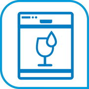 Symbol eines Glases mit einem Wassertropfen, das auf eine Spülmaschine hinweist, aus der Vorderansicht.