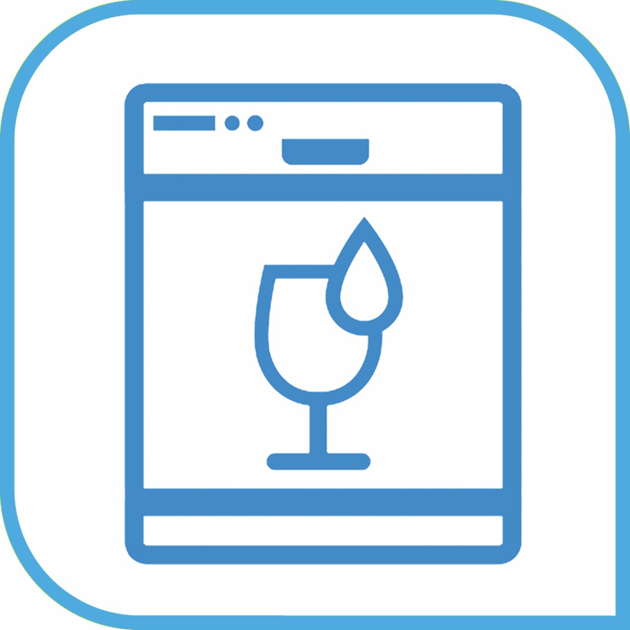 Symbol eines Glases mit einem Wassertropfen, das auf eine Spülmaschine hinweist, aus der Vorderansicht.